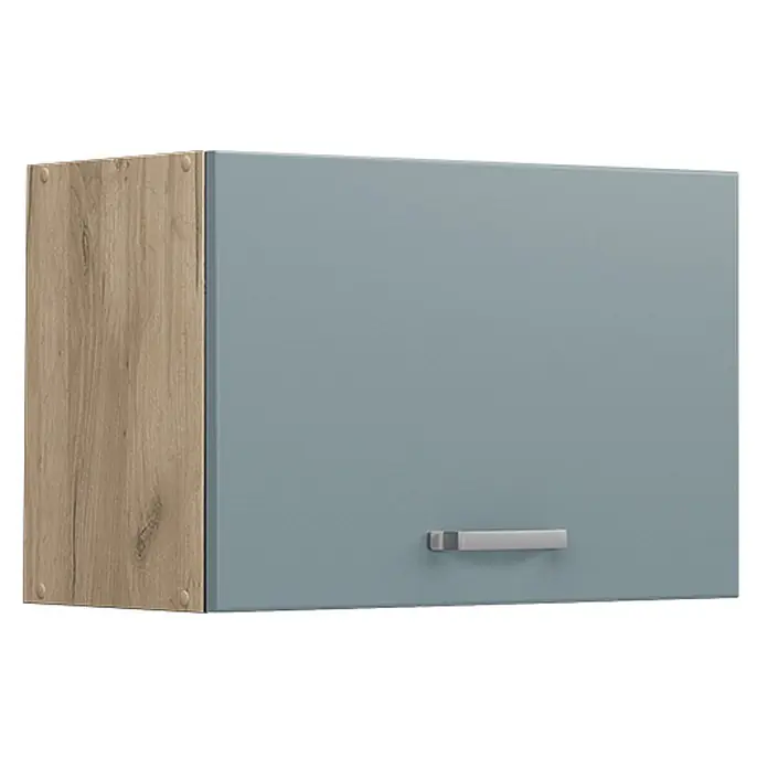 Vicco Schrankküche R-Line Blau-Grau Flach - Blau-Grau, Hängeschrank 60 cm (flach) - Wandschrank mit heller Holzseite und hellblauer Tür mit silbernem Griff.