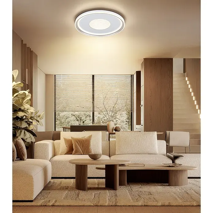 Globo LED-Deckenleuchte rund Eila - 60 W, Ø x H: 59 x 6,5 cm - Weiße, runde LED-Deckenleuchte mit texturierter Mitte in einem modernen Wohnzimmer.