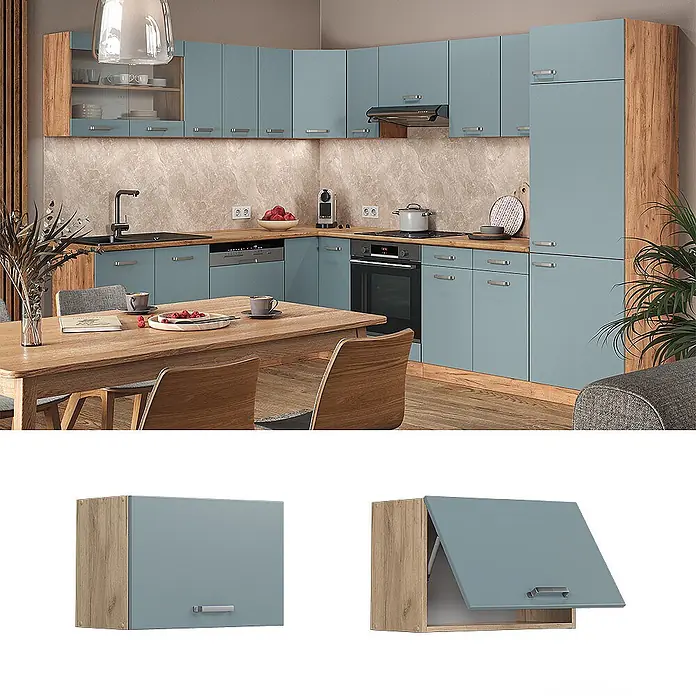 Vicco Schrankküche R-Line Blau-Grau Flach - Blau-Grau, Hängeschrank 60 cm (flach) - Moderne Küche mit hellblauen matten Schränken und Holzoptik-Elementen, mit integrierten Geräten, Spüle und Essbereich.