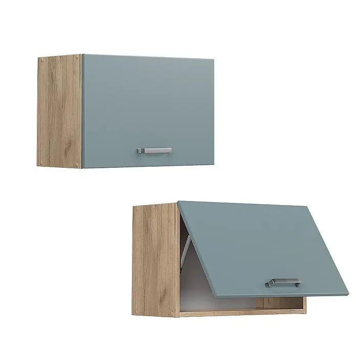 Vicco Schrankküche R-Line Blau-Grau Flach - Blau-Grau, Hängeschrank 60 cm (flach) - Hängeschrank mit Holzoptik-Seiten und blaugrauer Klapptür, geschlossen und offen.