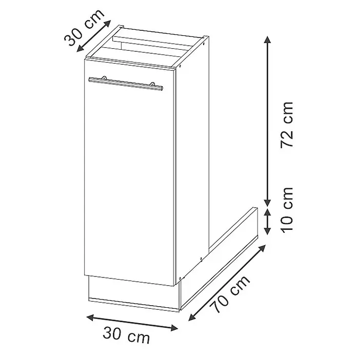 Vicco Inselküche Fame-Line Schwarz gestreift ohne Arbeitsplatte - Schwarz gestreift, Ohne Elektrogeräte - Unterschrank mit Griff, 30 cm breit. Korpus 72 cm hoch und 30 cm tief; Sockel 10 cm hoch und 70 cm tief.