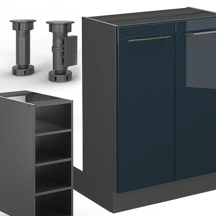 Vicco Inselküche Fame-Line Dunkelblau Hochglanz/Anthrazit ohne Arbeitsplatte - Breite: 90 cm, Dunkelblau Hochglanz, Ohne Elektrogeräte - Modulares Küchenschranksystem in Dunkelgrau und Dunkelblau, mit verstellbaren Füßen und Sockel.