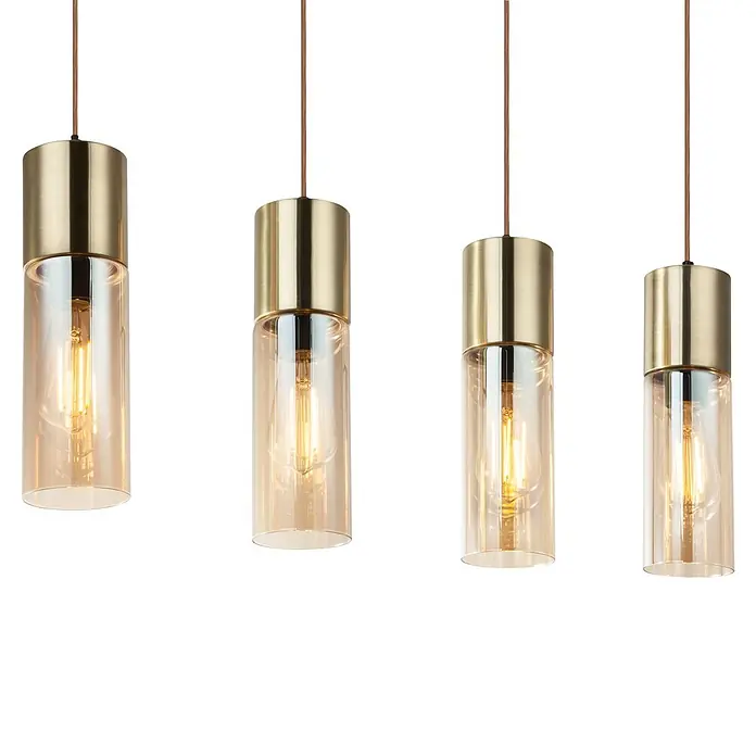 Globo Annika Pendelleuchte - 25 W, E27 - Vier Pendelleuchten mit goldenen Oberteilen, bernsteinfarbenen Glaszylindern und sichtbaren Glühfadenlampen.