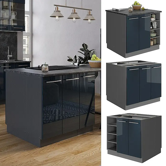 Vicco Inselküche Fame-Line Dunkelblau Hochglanz/Anthrazit ohne Arbeitsplatte - Breite: 90 cm, Dunkelblau Hochglanz, Ohne Elektrogeräte - Hochglanz-Küchenschrank in Dunkelblau mit anthrazitfarbenem Korpus und Arbeitsplatte, als Kochinsel mit Kochfeld und Regalen.