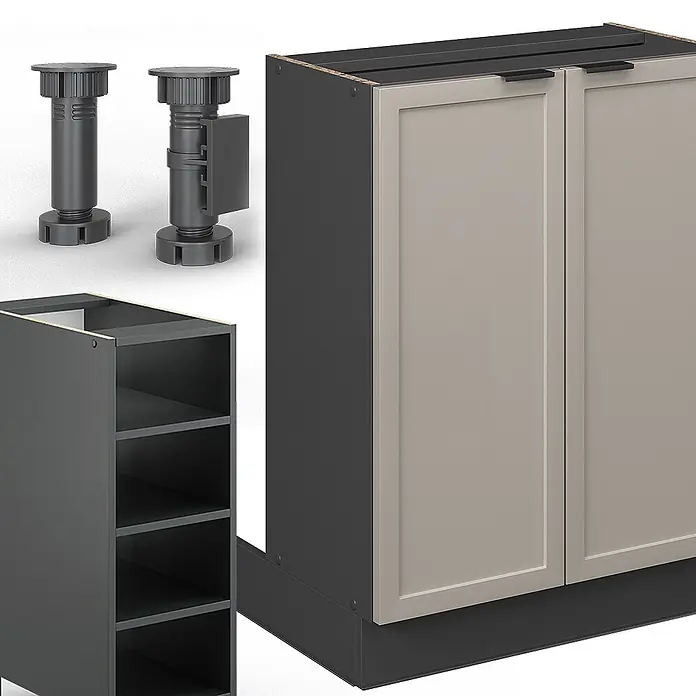 Vicco Inselküche Fame-Line GrauBeige ohne Arbeitsplatte - Breite: 90 cm, GrauBeige, Ohne Elektrogeräte - Dunkelgraue Unterschränke, einer mit hellbeigen Türen und Griffen, dazu ein offenes Regal. Zwei verstellbare dunkelgraue Schrankfüße.