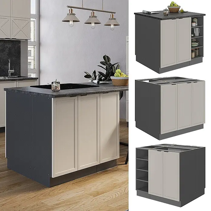 Vicco Inselküche Fame-Line GrauBeige ohne Arbeitsplatte - Breite: 90 cm, GrauBeige, Ohne Elektrogeräte - Modulare Kücheninsel mit dunkelgrauer Arbeitsplatte, hellbeigen Schranktüren und offenen Regalen, in moderner Küche.