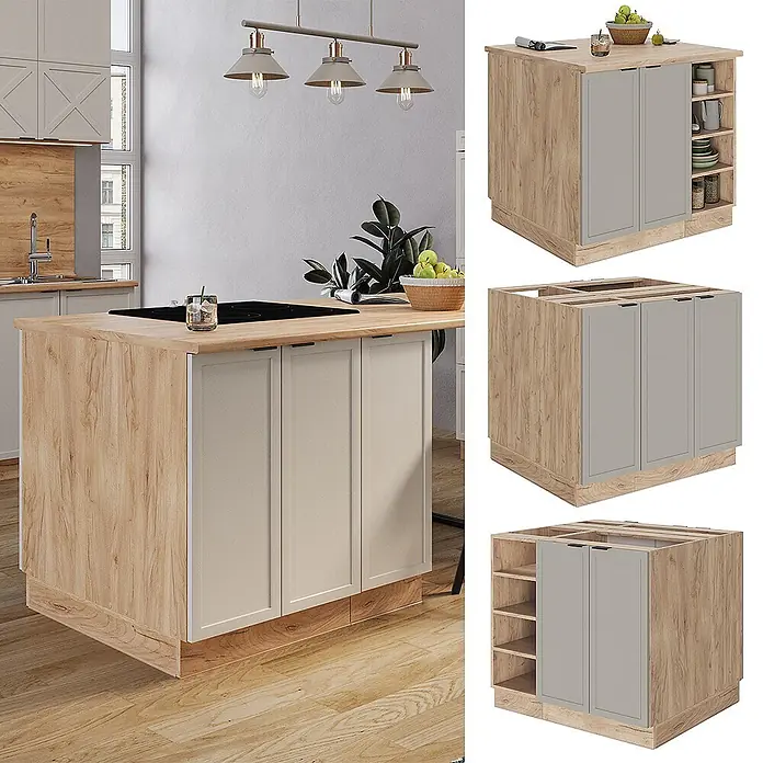Vicco Inselküche Fame-Line GrauBeige ohne Arbeitsplatte - Breite: 90 cm, GrauBeige, Ohne Elektrogeräte - Modulare Kücheninsel mit heller Holzoptik und beigefarbenen Türen, integriertem Kochfeld, in einer modernen Küche.
