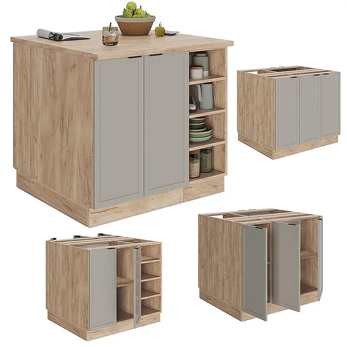 Vicco Inselküche Fame-Line GrauBeige ohne Arbeitsplatte - Breite: 90 cm, GrauBeige, Ohne Elektrogeräte - Modulare Kücheninsel aus hellem Holzdekor mit grauen Schranktüren und offenen Regalen.