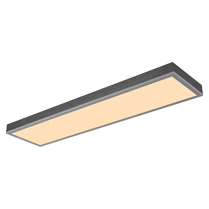 Globo LED-Panel Doro - 24 W, L x B x H: 800 x 200 x 65 mm, Warmweiß - Rechteckige LED-Deckenleuchte mit dunkelgrauem, strukturiertem Rahmen und beleuchteter warmweißer Fläche, schräg betrachtet.