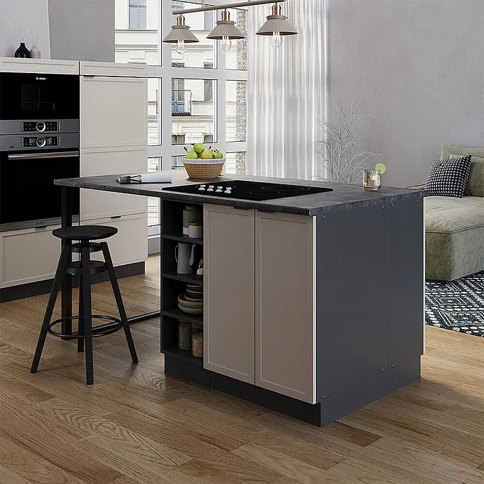 Vicco Inselküche Fame-Line GrauBeige ohne Arbeitsplatte - Breite: 90 cm, GrauBeige, Ohne Elektrogeräte - Moderne Kücheninsel mit dunkelgrauen Oberflächen, hellbeigen Schranktüren, integriertem Kochfeld und offenen Regalen, für Sitzgelegenheiten erweitert.
