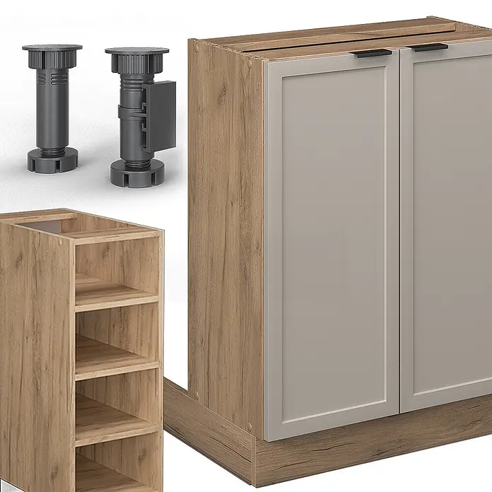 Vicco Inselküche Fame-Line GrauBeige ohne Arbeitsplatte - Breite: 90 cm, GrauBeige, Ohne Elektrogeräte - Verstellbare Schranksockelfüße, helles Holzregal und Unterschrank mit grauen Türen für modulare Küchensysteme.