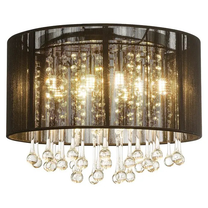 Globo LED-Deckenleuchte Bagana - Ø x H: 40 x 29 cm - Eleganter schwarzer Stoff-Kronleuchter mit leuchtenden Lichtern und klaren Glas-Tropfenanhängern.