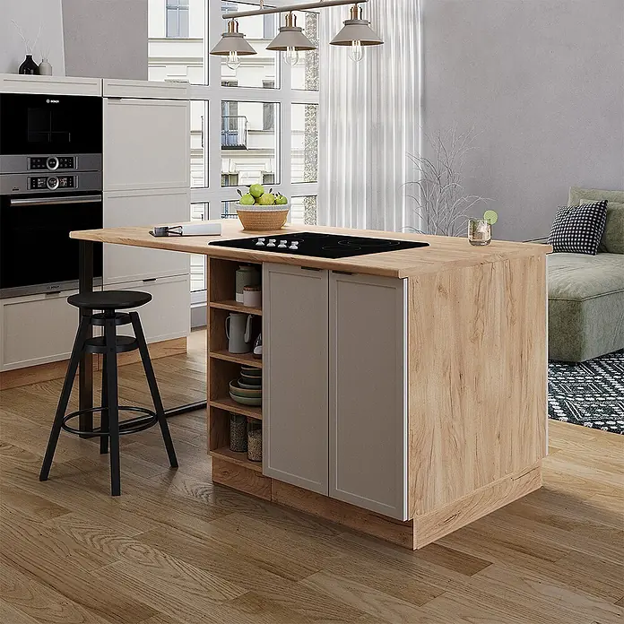 Vicco Inselküche Fame-Line GrauBeige ohne Arbeitsplatte - Breite: 90 cm, GrauBeige, Ohne Elektrogeräte - Moderne Kücheninsel mit Holzoptik-Arbeitsplatte und -Seiten, hellgrauen Schranktüren, integriertem Kochfeld, offenen Regalen und Barerweiterung.