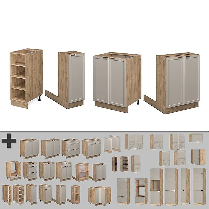 Vicco Inselküche Fame-Line GrauBeige ohne Arbeitsplatte - Breite: 90 cm, GrauBeige, Ohne Elektrogeräte - Sortiment von Küchenschrankmodulen in heller Holzoptik mit hellgrauen Türen und Schubladen, darunter Unter-, Eck- und Hochschränke.