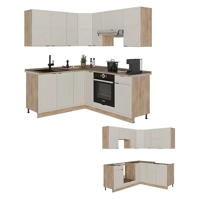 Vicco Eckküche Fame-Line GrauBeige/Goldkraft Eiche, AP Eiche - B x T: 190 x 60 cm, GrauBeige, Ohne Elektrogeräte - L-förmige Küchenzeile mit hellbeigen Fronten und Holzoptik-Paneelen, inklusive Backofen, Kochfeld und Spüle.