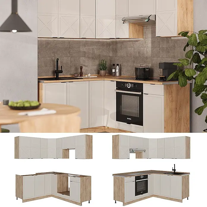 Vicco Eckküche Fame-Line GrauBeige/Goldkraft Eiche, AP Eiche - B x T: 190 x 60 cm, GrauBeige, Ohne Elektrogeräte - Eckküche mit weißen Schranktüren, hellen Holzplatten, schwarzer Spüle und Ofen. Modulansichten unten.