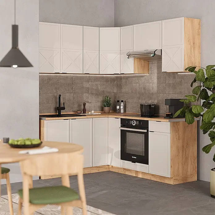 Vicco Eckküche Fame-Line GrauBeige/Goldkraft Eiche, AP Eiche - B x T: 190 x 60 cm, GrauBeige, Ohne Elektrogeräte - L-förmige Küche mit hellbeigen Schrankfronten, Naturholzdetails und schwarzen Geräten in modernem Design.