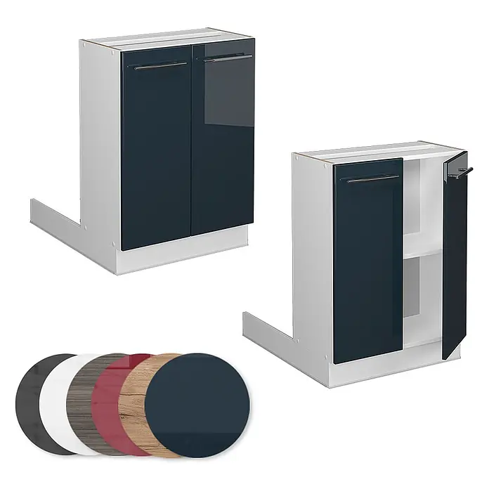 Vicco Inselküche Fame-Line Dunkelblau Hochglanz ohne Arbeitsplatte - Breite: 60 cm, Dunkelblau Hochglanz, Ohne Elektrogeräte - Modularer Schrank mit weißem Korpus, glänzenden dunkelblauen Türen und Farboptionen, offen und geschlossen gezeigt.