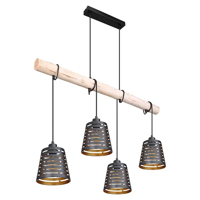 Globo Pendelleuchte Ablona - 60 W, L x B x H: 85 x 17 x 120 cm, Schwarz, Gold, E27 - Schwarze und natürliche Holz-Pendelleuchte mit vier perforierten dunklen Metallschirmen und goldenen Innenseiten.