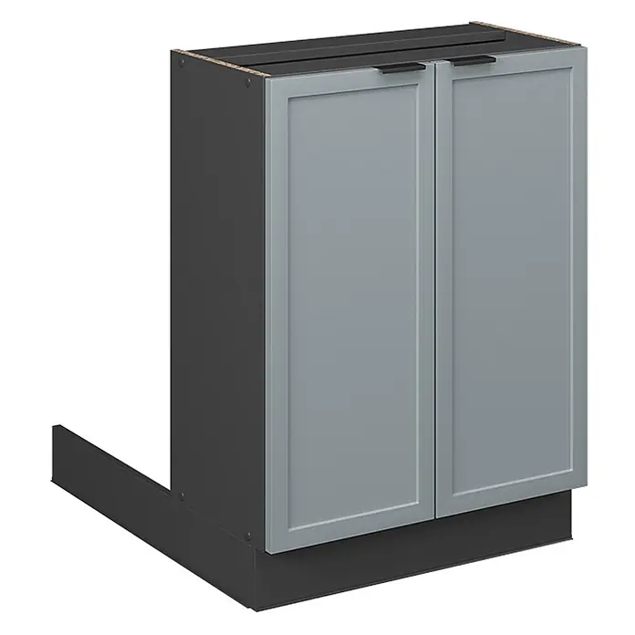 Vicco Inselküche Fame-Line Hellblau-grau ohne Arbeitsplatte - Breite: 60 cm, Hellblau-grau, Ohne Elektrogeräte - Dunkelgrauer Unterschrank mit zwei hellgrauen Türen und schwarzen Griffen, auf einem Sockel.