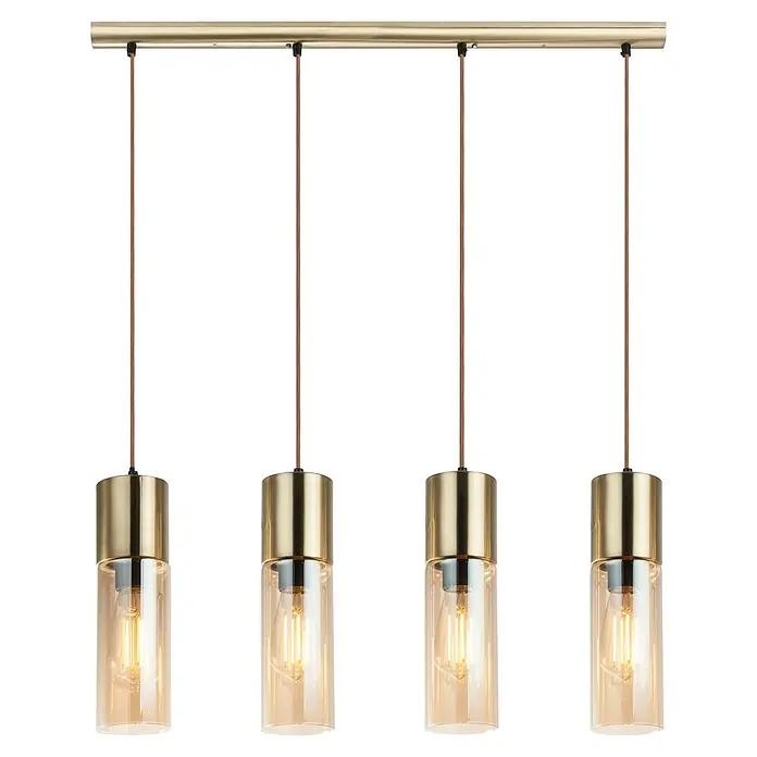 Globo Annika Pendelleuchte - 25 W, E27 - Goldene lineare Pendelleuchte mit vier bernsteinfarbenen Glasschirmen, die jeweils eine Edison-LED-Lampe beherbergen.