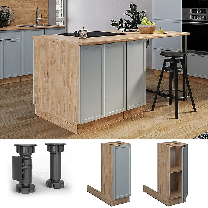 Vicco Inselküche Fame-Line Hellblau-grau ohne Arbeitsplatte - Breite: 30 cm, Hellblau-grau, Ohne Elektrogeräte - Modulare Kücheninsel mit heller Holzoptik, grauen Türen und schwarzen Stellfüßen. In einer modernen Küche gezeigt.