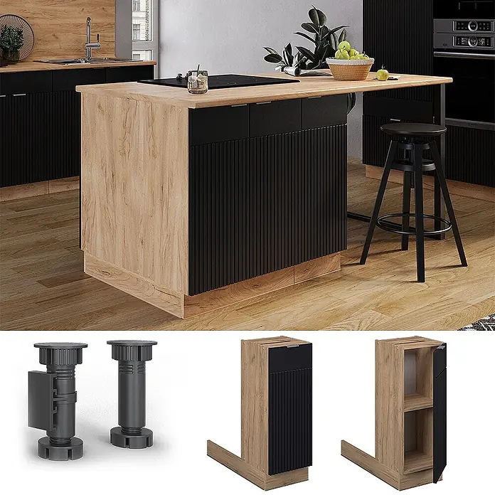 Vicco Inselküche Fame-Line Schwarz gestreift ohne Arbeitsplatte - Schwarz gestreift, Ohne Elektrogeräte - Moderne Kücheninsel mit Holzoptik und schwarzen geriffelten Paneelen, zeigt verstellbare Nivellierfüße.