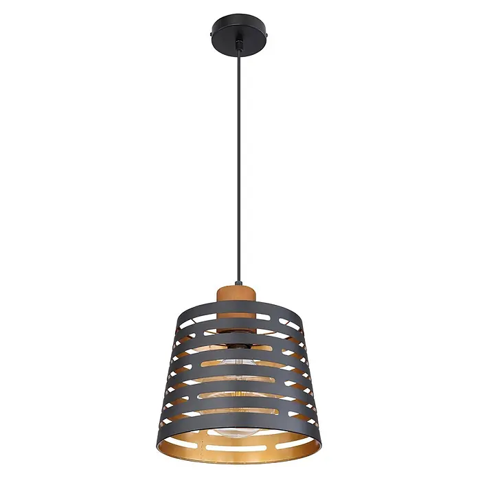 Globo Pendelleuchte Ablona 120 x 25 cm - 60 W, Schwarz, Gold, E27 - Schwarze Pendelleuchte mit Holzdetail und einem dunkelgrauen Metalllamellenschirm mit goldfarbener Innenseite.