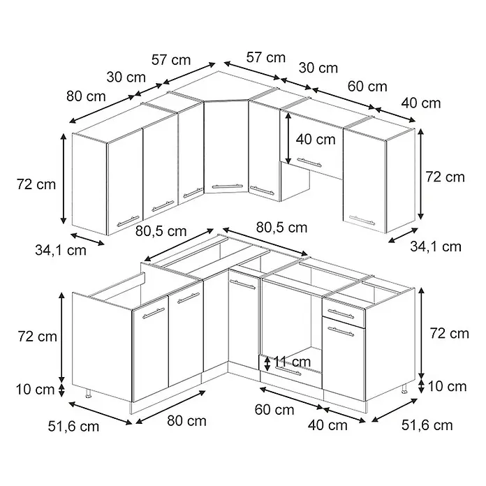 Vicco Eckküche Fame-Line Eiche Paneel/Anthrazit ohne Arbeitsplatte - B x T: 190 x 46 cm, Eiche Paneel, Ohne Elektrogeräte - Technische Zeichnung eines L-förmigen Küchenschranksatzes mit Ober- und Unterschränken und Maßen in Zentimetern.