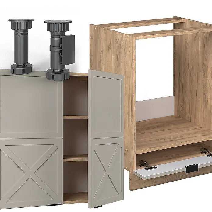 Vicco Eckküche Fame-Line GrauBeige/Goldkraft Eiche, AP Eiche - B x T: 190 x 60 cm, GrauBeige, Ohne Elektrogeräte - Modulare Schrankteile: heller Holzrahmen, graue Scheunentüren, verstellbare Füße.
