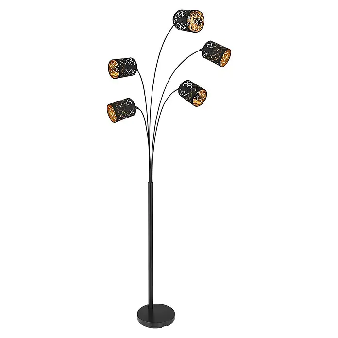 Globo Stehleuchte Clarke - 125 W, L x B x H: 85 x 130 x 204 cm, Schwarz, E14 - Schwarze Mehrarm-Stehleuchte mit gemusterten Schirmen und goldenem Licht.
