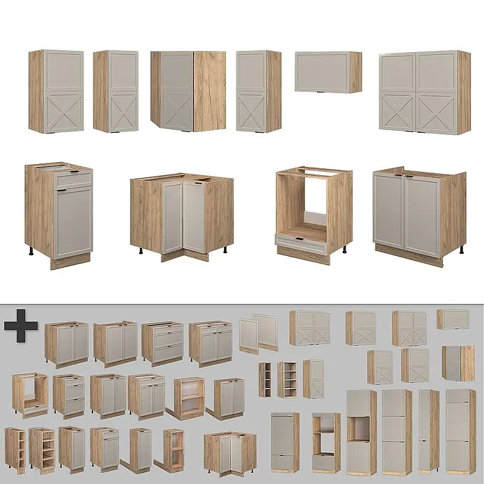 Vicco Eckküche Fame-Line GrauBeige/Goldkraft Eiche, AP Eiche - B x T: 190 x 60 cm, GrauBeige, Ohne Elektrogeräte - Sammlung modularer zweifarbiger Küchenschränke mit hellholzfarbenen Korpus und hellgrauen Fronten in verschiedenen Konfigurationen.