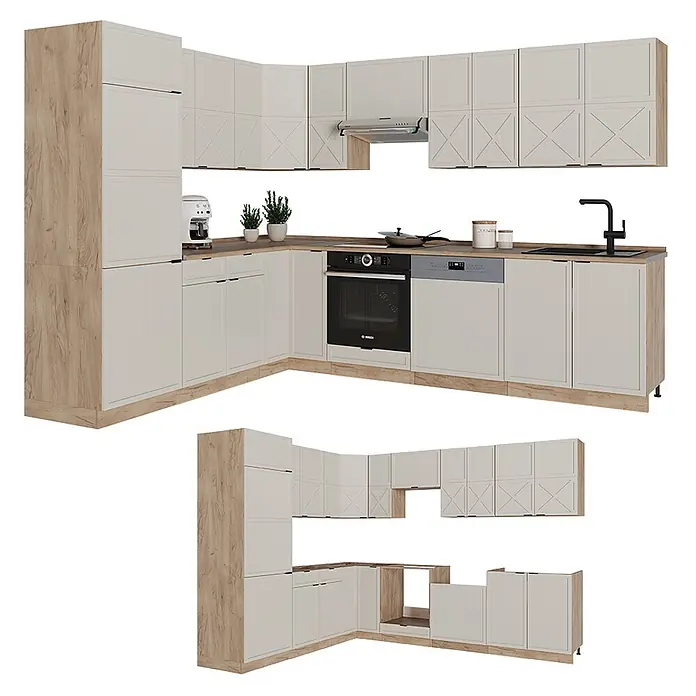 Vicco Eckküche Fame-Line GrauBeige/Goldkraft Eiche, AP Marmor - B x T: 227 x 60 cm, GrauBeige, Ohne Elektrogeräte - Moderne L-förmige Einbauküche mit hellbeigen Schränken, Holzoptik-Hochschrank, Arbeitsplatte und Sockelleisten. Integrierter Backofen, Spülmaschine, Spüle.