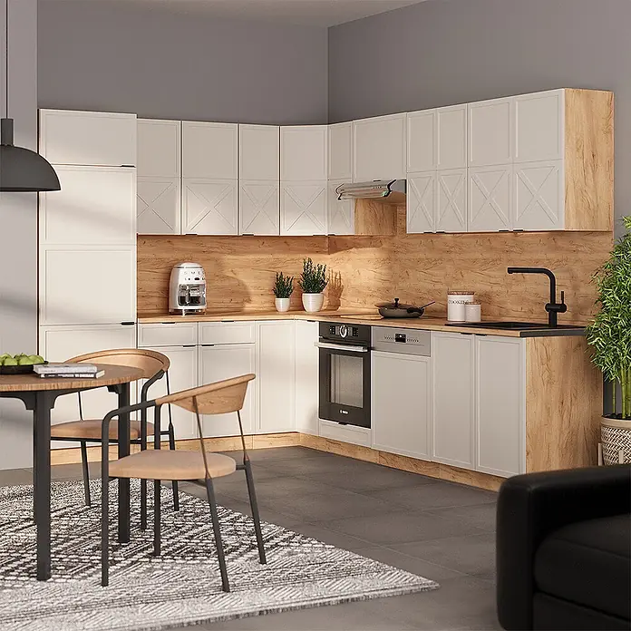 Vicco Eckküche Fame-Line GrauBeige/Goldkraft Eiche, AP Marmor - B x T: 227 x 60 cm, GrauBeige, Ohne Elektrogeräte - Moderne Küche mit cremefarbenen Schränken, Naturholz-Spritzschutz, integriertem Backofen und Spüle.
