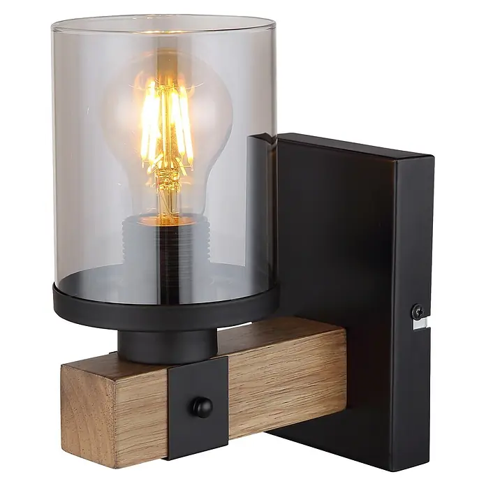 Globo Wandleuchte Lila - 60 W, Durchmesser: 100 mm, E27 - Wandleuchte mit schwarzem Metallsockel, hellem Holzblock und klarem zylindrischem Glasschirm mit warmer Filament-LED-Birne.