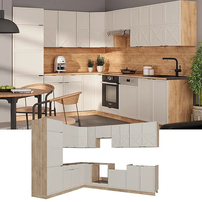 Vicco Eckküche Fame-Line GrauBeige/Goldkraft Eiche, AP Marmor - B x T: 227 x 60 cm, GrauBeige, Ohne Elektrogeräte - L-förmige Küche mit hellen Cremeschränken und Holzdetails, dargestellt in einem modernen Interieur und als modulare Einheiten.