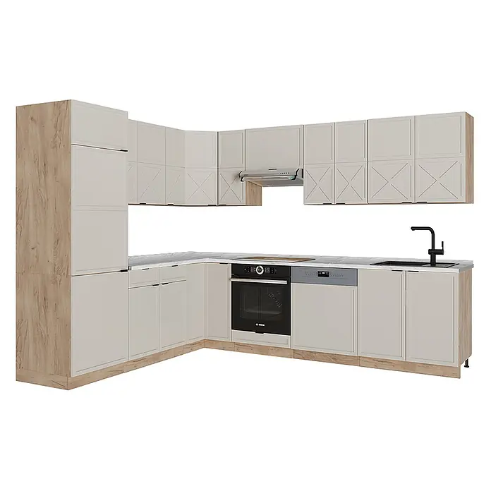 Vicco Eckküche Fame-Line GrauBeige/Goldkraft Eiche, AP Marmor - B x T: 227 x 60 cm, GrauBeige, Ohne Elektrogeräte - L-förmige Küche mit hellbeigen Schränken, Holzdetails, heller Arbeitsplatte, schwarzen Geräten und Spüle.