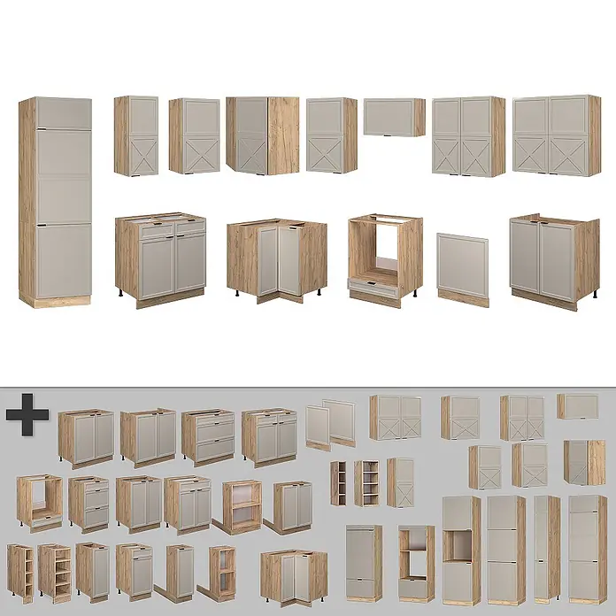 Vicco Eckküche Fame-Line GrauBeige/Goldkraft Eiche, AP Marmor - B x T: 227 x 60 cm, GrauBeige, Ohne Elektrogeräte - Sortiment heller grau-beiger und heller Holz-Küchenschrankmodule in verschiedenen Konfigurationen.