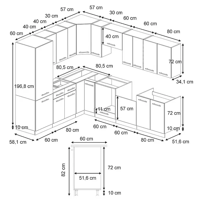 Vicco Eckküche Fame-Line Hellblau-grau/Goldkraft Eiche, AP Eiche - B x T: 227 x 60 cm, Hellblau-grau, Ohne Elektrogeräte - Technische Zeichnung eines U-förmigen modularen Küchenlayouts mit Unter- und Oberschränken, einschließlich detaillierter Maße.