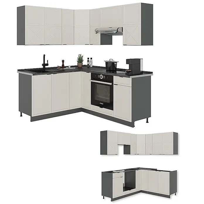 Vicco Eckküche Fame-Line GrauBeige/Anthrazit, AP Marmor - B x T: 190 x 60 cm, GrauBeige, Ohne Elektrogeräte - L-förmige Küchenzeile mit hellbeigen Fronten und dunkelgrauen Korpus, inklusive Ober- und Unterschränken, Spüle, Ofen, Kochfeld.