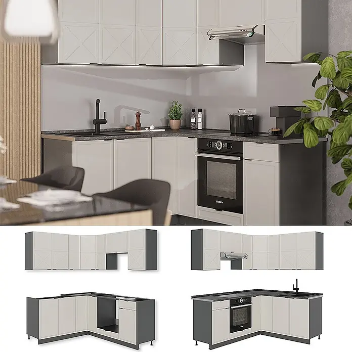 Vicco Eckküche Fame-Line GrauBeige/Anthrazit, AP Marmor - B x T: 190 x 60 cm, GrauBeige, Ohne Elektrogeräte - Moderne L-förmige Küche: hellbeige Schränke, dunkelgraue Platten, integrierter Ofen, Kochfeld, Spüle. Zeitgemäßes Wohnambiente.