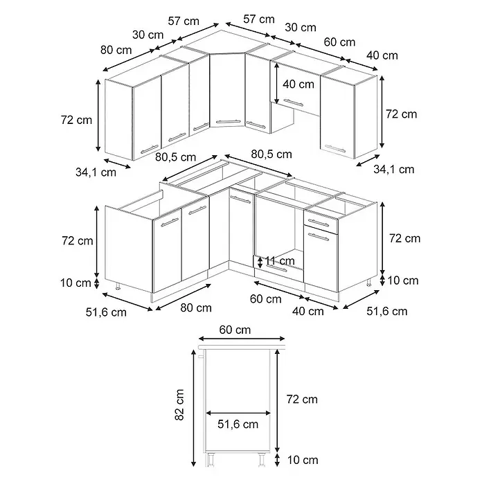 Vicco Eckküche Fame-Line Hellblau-grau/Anthrazit, AP Eiche - B x T: 190 x 60 cm, Hellblau-grau, Ohne Elektrogeräte - Technische Zeichnung modularer Küchenschränke mit detaillierten Maßen für Ober- und Unterschränke in L-Form.