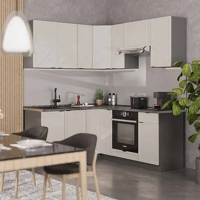 Vicco Eckküche Fame-Line GrauBeige/Anthrazit, AP Marmor - B x T: 190 x 60 cm, GrauBeige, Ohne Elektrogeräte - Helle graue Eckküche mit dunkler Arbeitsplatte und integriertem Backofen in modernem Zuhause.