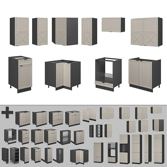 Vicco Eckküche Fame-Line GrauBeige/Anthrazit, AP Marmor - B x T: 190 x 60 cm, GrauBeige, Ohne Elektrogeräte - Modulare Küchenschrankelemente mit dunkelgrauen Korpus und hellbeigen Türen/Schubladen, teils mit X-Muster, darunter Unter-, Ober- und Hochschränke.