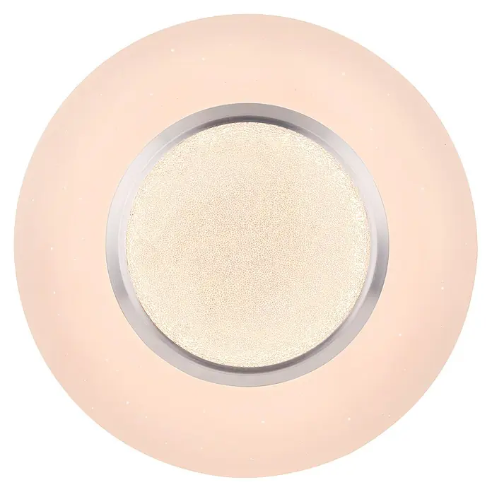 Globo Plafón LED redondo Candida - 18 W, Ø x Al: 34 mm x 8 cm, Blanco, Claro, Blanco cálido - Un plafón redondo con un anillo exterior melocotón claro con brillos y una fuente de luz interior crema-oro brillante y texturizada, enmarcada en plata.
