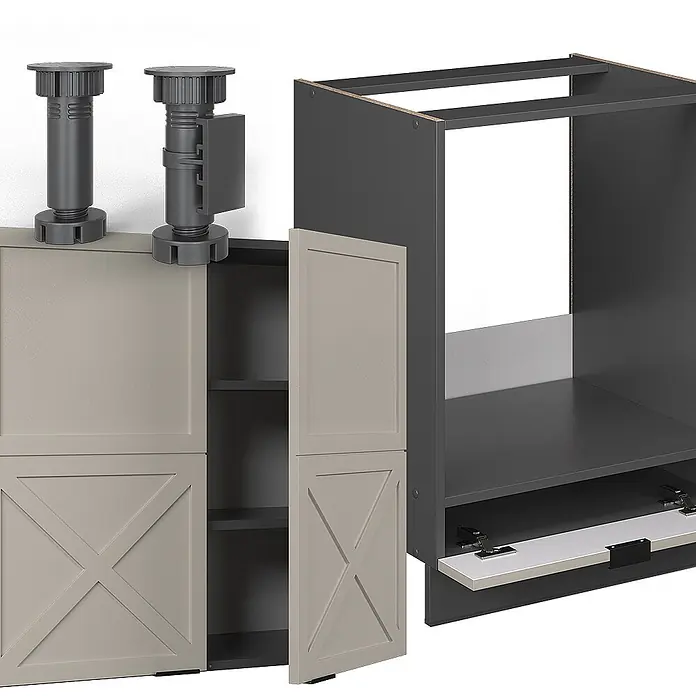 Vicco Eckküche Fame-Line GrauBeige/Anthrazit, AP Marmor - B x T: 190 x 60 cm, GrauBeige, Ohne Elektrogeräte - Zerlegter Modulschrank: grauer Korpus, hellbeige Türen mit X-Design und schwarze verstellbare Nivellierfüße.
