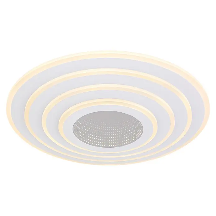 Globo Plafón LED redondo Jocelyn - Ø x Al: 40 x 7 cm, Blanco - Plafón blanco redondo con anillos concéntricos de luz cálida y un patrón central de LEDs brillantes.