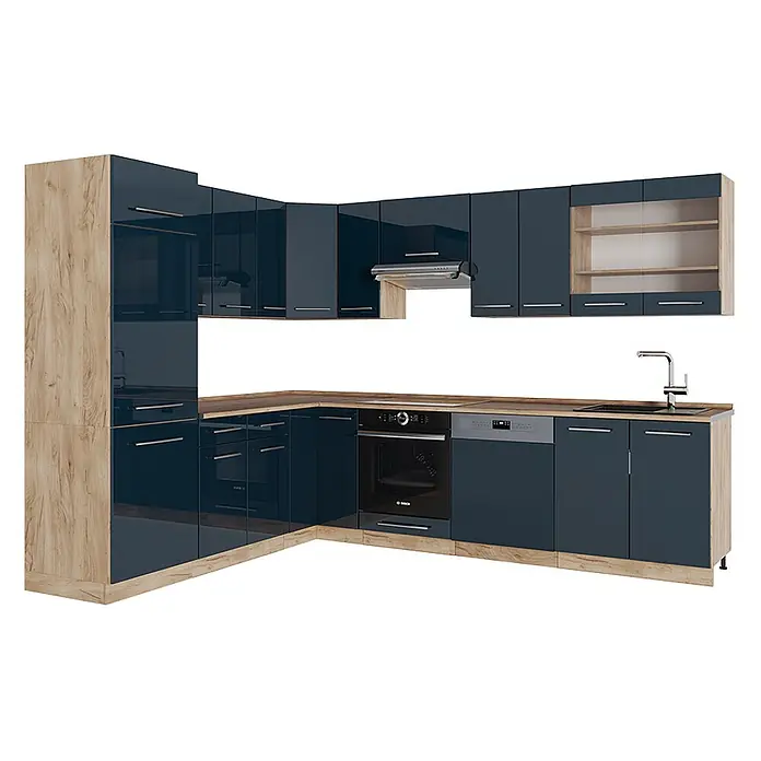 Vicco Eckküche Fame-Line Dunkelblau Hochglanz/Goldkraft Eiche, AP Eiche - B x T: 287 x 60 cm, Dunkelblau Hochglanz, Ohne Elektrogeräte - L-förmige Küche mit dunkelblauen Hochglanzschränken, Holzoptik-Akzenten und integrierten Geräten.