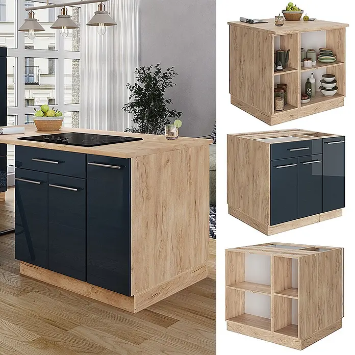 Vicco Inselküche Fame-Line Dunkelblau Hochglanz mit Schublade, ohne Arbeitsplatte - Breite: 90 cm, Dunkelblau Hochglanz, Ohne Elektrogeräte - Moderne Kücheninsel mit dunkelblauen Hochglanz-Schränken, Holzpaneelen, integriertem Kochfeld und offenen Regalen. Im Küchenambiente und als Einzelteile.