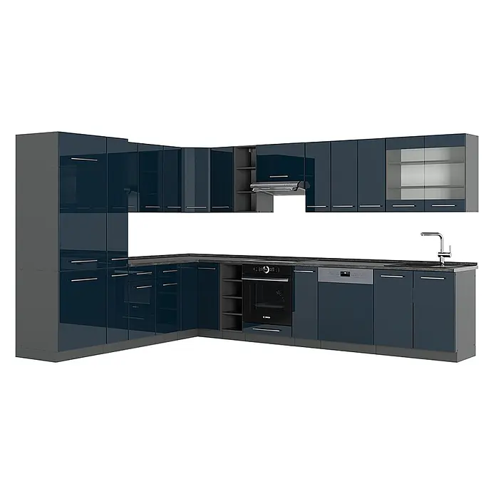 Vicco Eckküche Fame-Line Dunkelblau Hochglanz/Anthrazit, AP Anthrazit - B x T: 347 x 60 cm, Dunkelblau Hochglanz, Ohne Elektrogeräte - L-förmige Küchenzeile mit glänzenden marineblauen Türen, dunkelgrauen Rahmen und integriertem Backofen, Geschirrspüler, Spüle und Dunstabzugshaube.